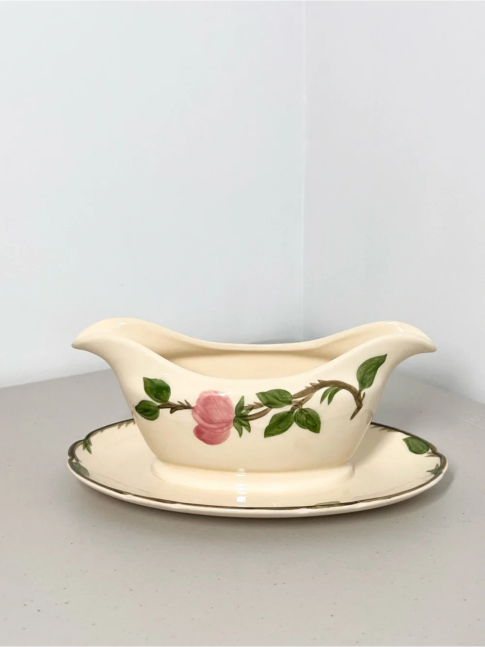 VTG Franciscan Desert Rose Gravy Boat Attached Underplate